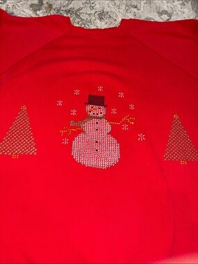 Vintage Red Holiday Sweatshirt with Snowman Motif “cross-stitch” plastic design